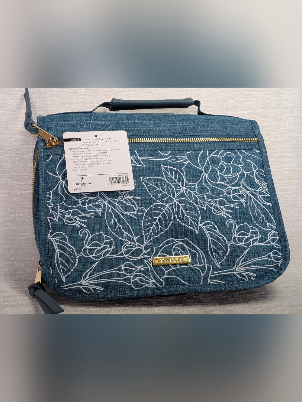 Christian Art Gifts Blue Floral Women’s Tri Fold Bible Book Cover Size L - Picture 14 of 14